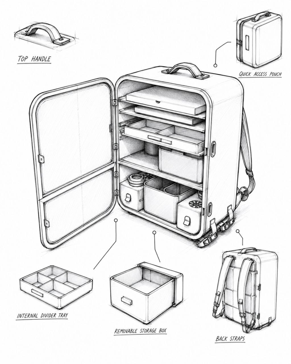 Concept sketch of internal organization: divider tray, removable storage box, quick-access pouch