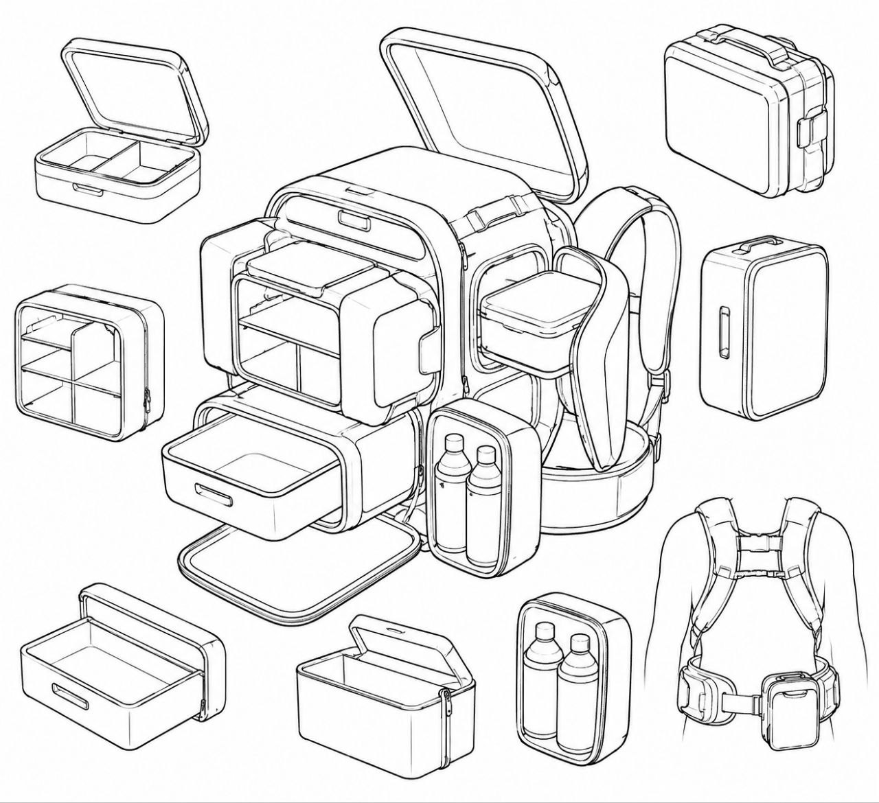 Concept sketch of a dedicated cup and bottle holder built into the bag