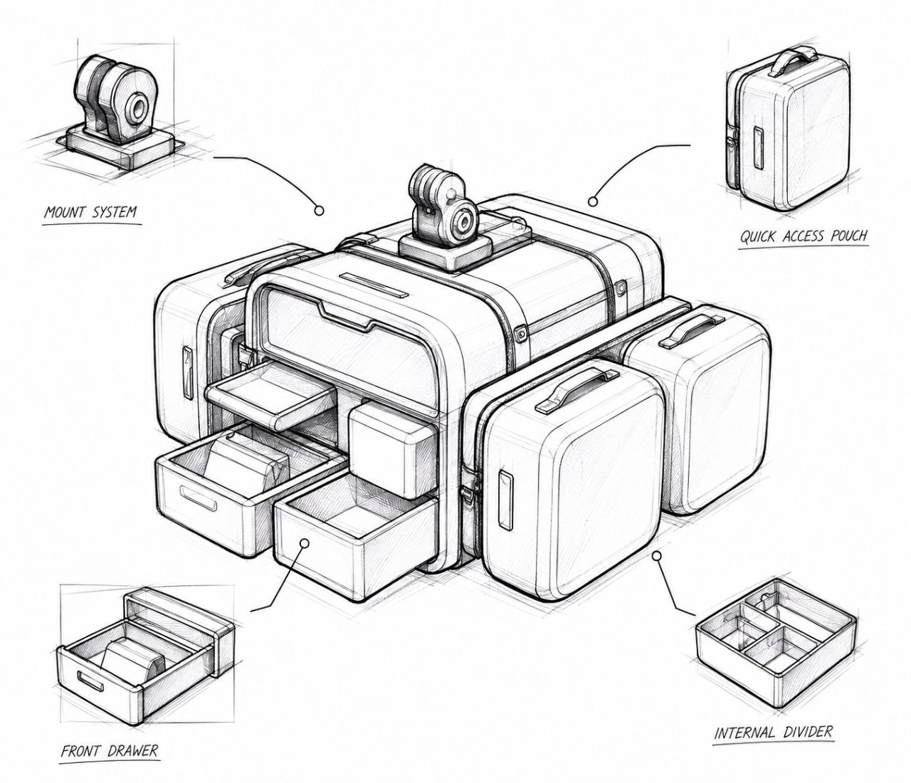 Concept sketch of the motorcycle mount system, front drawer and quick-access pouch