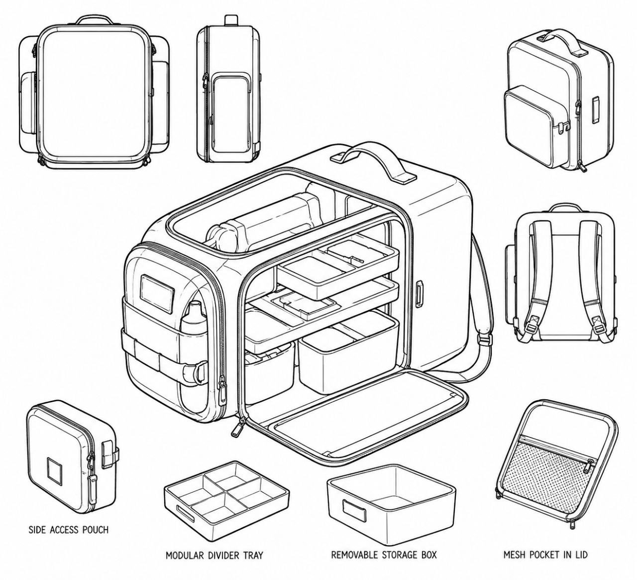 Concept sketch of the door closure and locking mechanism, with modular divider tray and storage box