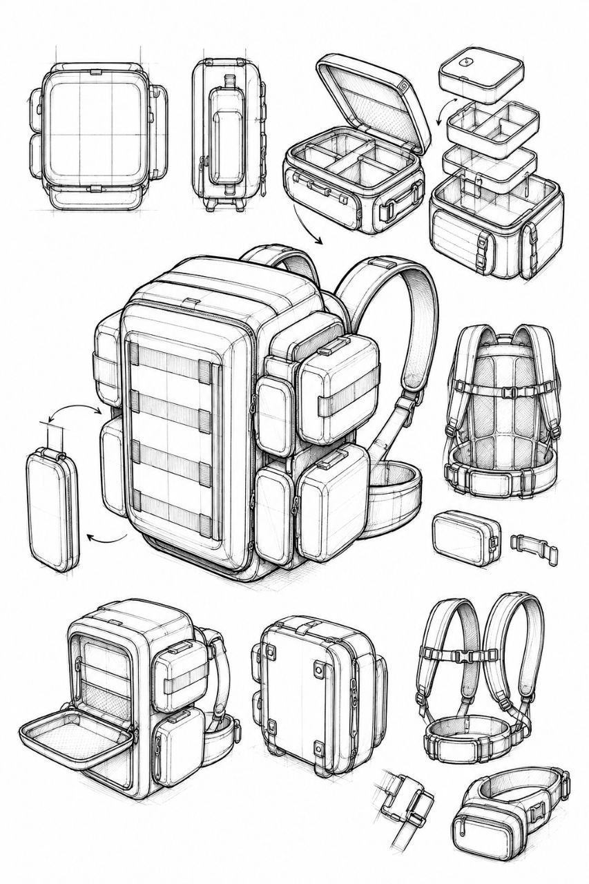 Concept sketch of the overall bag structure: modular front pouches, harness and waist belt