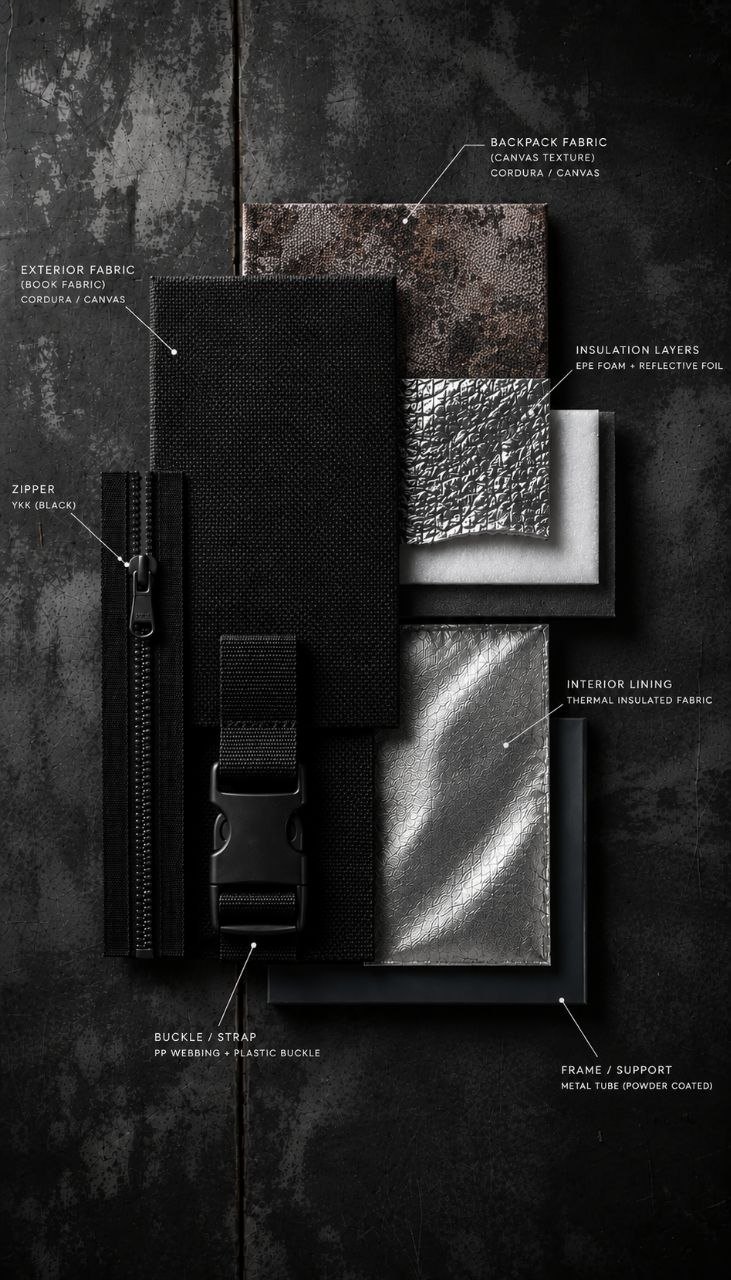 Material presentation: Oxford fabric, EPE foam insulation, YKK zipper and webbing strap samples
