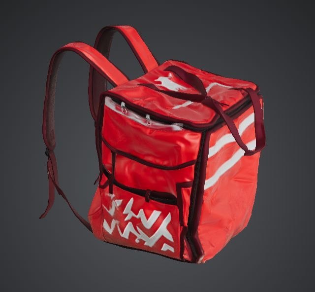 The existing red delivery bag, closed exterior view