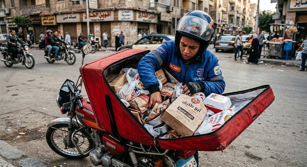 A delivery rider reaching into an open delivery bag, actively searching for an order