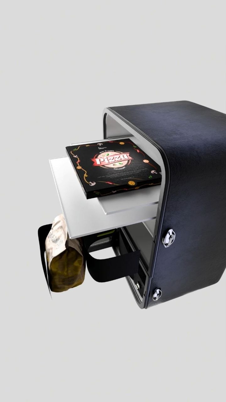 The pizza compartment, with its own door, shown separated from the main volume